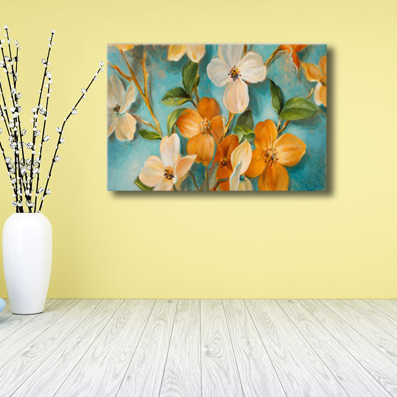 Vivolux | Orange-Weiße Blumenblüte Malerei Texturiertes Bauernhaus Wohnzimmer Wandkunst Druck