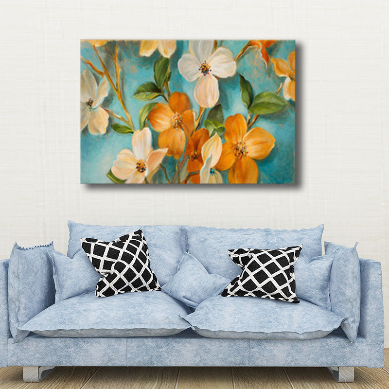 Vivolux | Orange-Weiße Blumenblüte Malerei Texturiertes Bauernhaus Wohnzimmer Wandkunst Druck