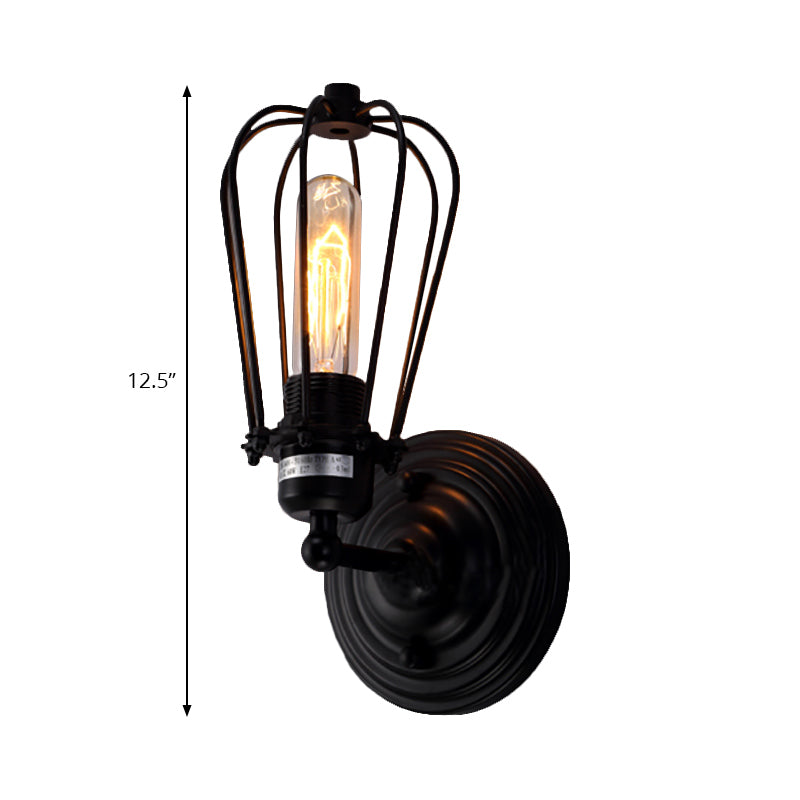Vivolux | 1 Kopf Wand Scone Licht mit Glühbirnenkäfig Schirm Metall Industrie Rustikal Flur Wandbeleuchtung in Schwarz, 2 Packs