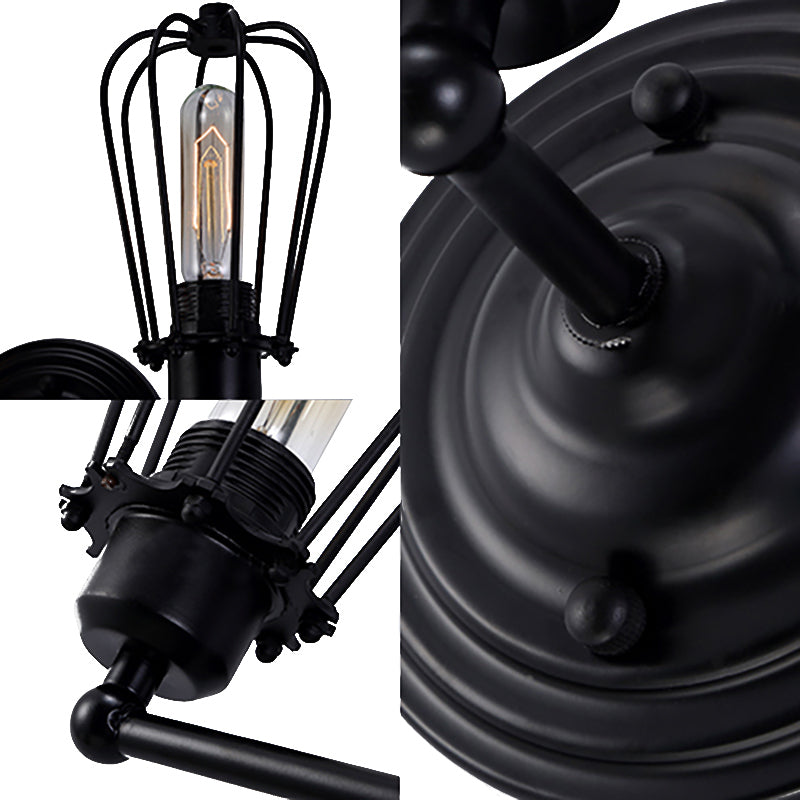 Vivolux | 1 Kopf Wand Scone Licht mit Glühbirnenkäfig Schirm Metall Industrie Rustikal Flur Wandbeleuchtung in Schwarz, 2 Packs