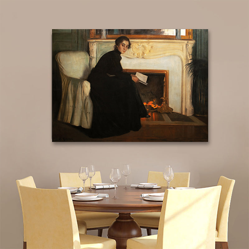 Vivolux | Traditioneller Stil Leinwand Pastellfarbe Mädchen und Kamin Malerei, Mehrere Größen
