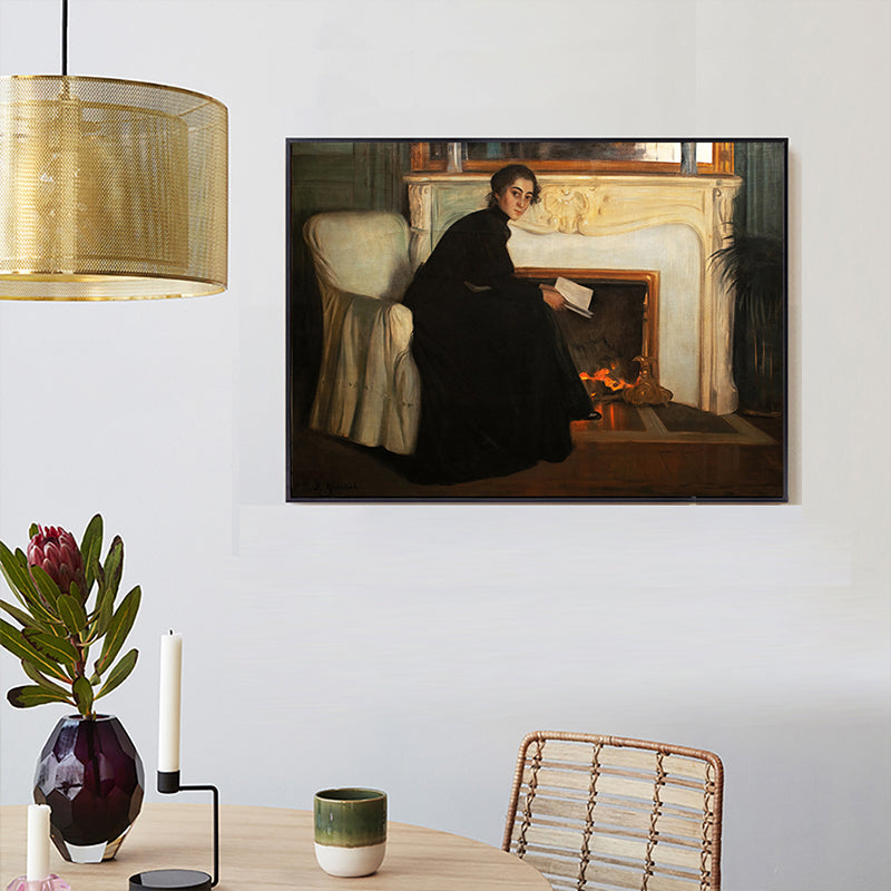 Vivolux | Traditioneller Stil Leinwand Pastellfarbe Mädchen und Kamin Malerei, Mehrere Größen