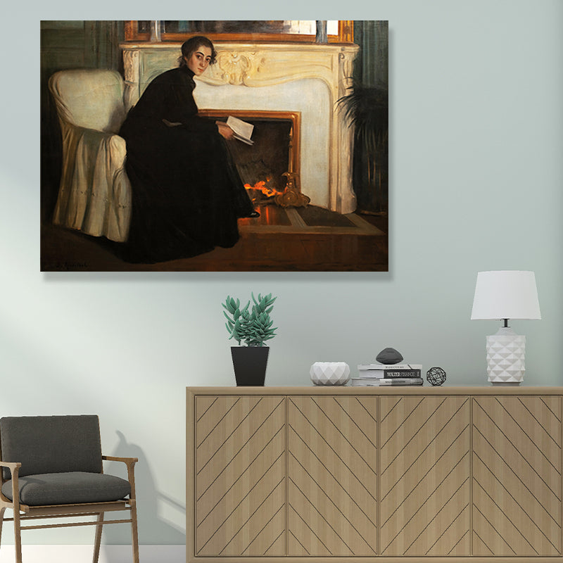 Vivolux | Traditioneller Stil Leinwand Pastellfarbe Mädchen und Kamin Malerei, Mehrere Größen