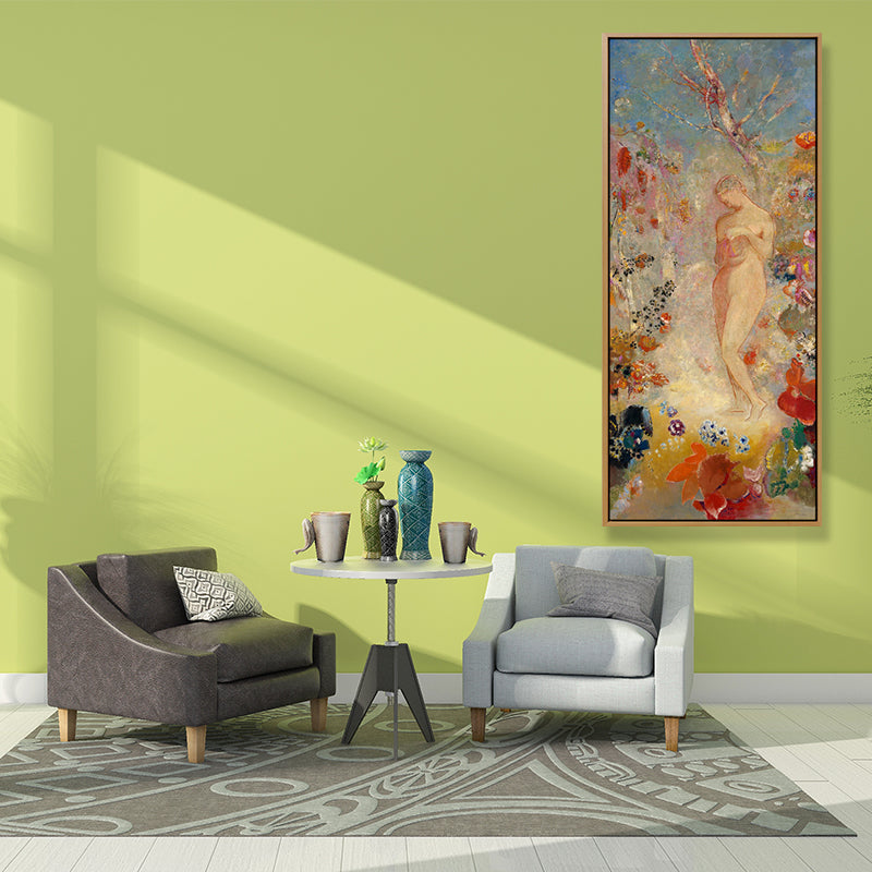 Vivolux | Traditionelle stehende Aktfigur Kunst in orange strukturiertem Wanddekor für das Wohnzimmer