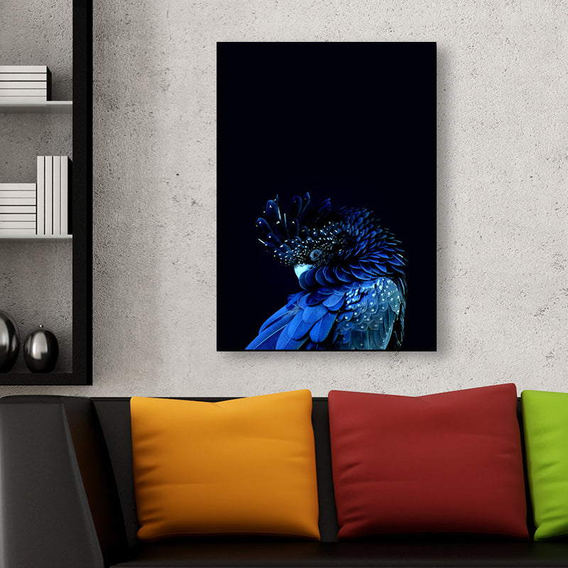 Vivolux | Pauwenkop Wandkunst Print Modernisme Canvas Wanddecoratie in Blauw op Zwart voor Slaapkamer