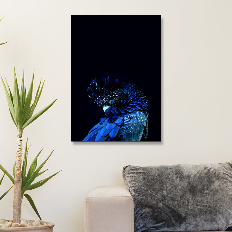 Vivolux | Pauwenkop Wandkunst Print Modernisme Canvas Wanddecoratie in Blauw op Zwart voor Slaapkamer