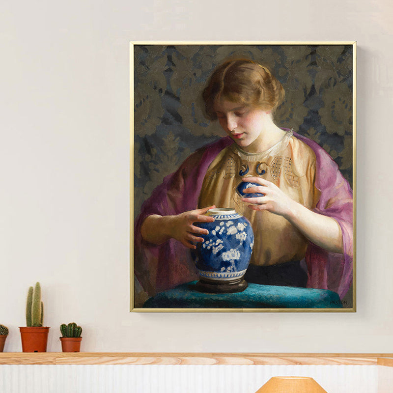 Vivolux | Vintage Figur Ölmalerei Leinwand Haus Innenraum Wandkunst Dekor in Pastellfarbe
