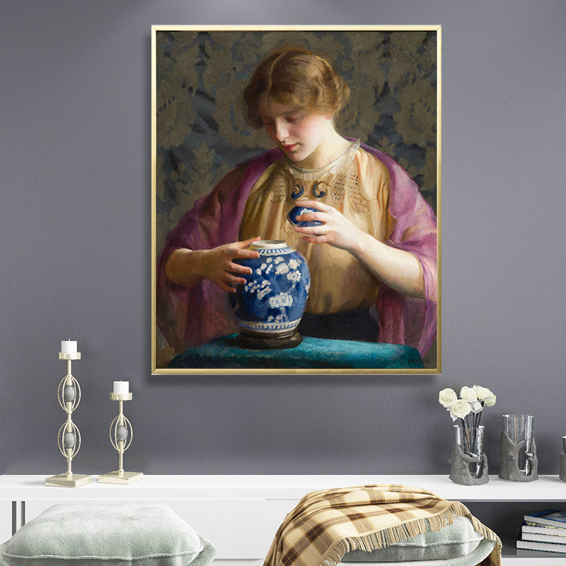 Vivolux | Vintage Figur Ölmalerei Leinwand Haus Innenraum Wandkunst Dekor in Pastellfarbe