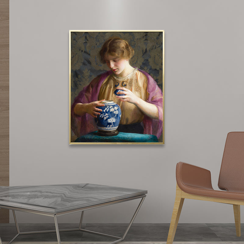 Vivolux | Vintage Figur Ölmalerei Leinwand Haus Innenraum Wandkunst Dekor in Pastellfarbe