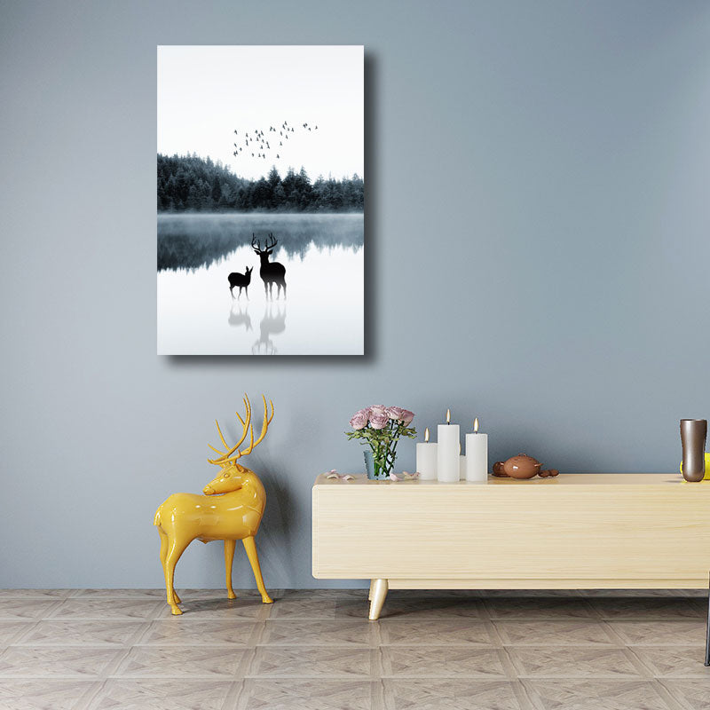 Vivolux | Reflexion Wanddekoration Zeitgenössische Beruhigende Rehe und Wald Leinwanddrucke in Blau für das Gästezimmer