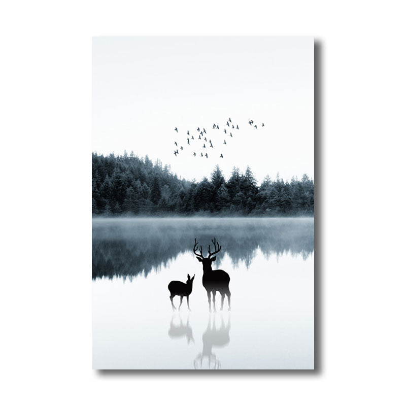 Vivolux | Reflexion Wanddekoration Zeitgenössische Beruhigende Rehe und Wald Leinwanddrucke in Blau für das Gästezimmer