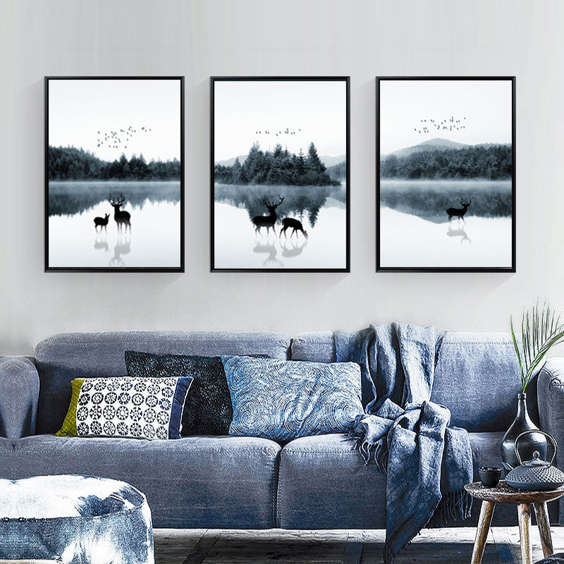 Vivolux | Reflexion Wanddekoration Zeitgenössische Beruhigende Rehe und Wald Leinwanddrucke in Blau für das Gästezimmer