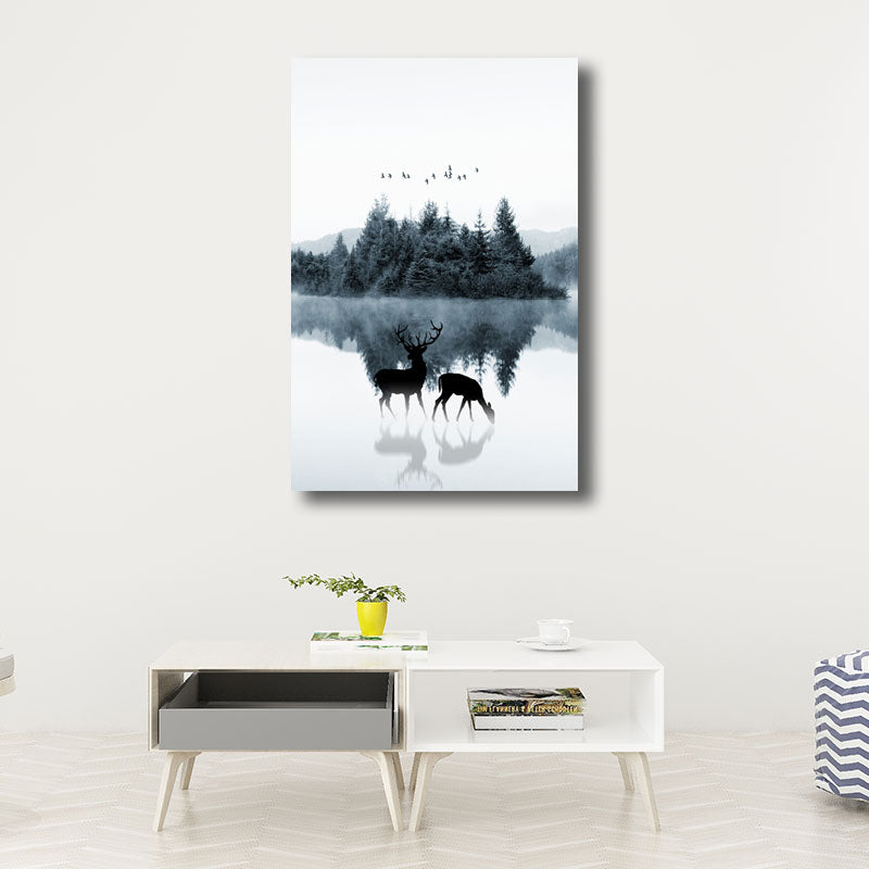 Vivolux | Reflexion Wanddekoration Zeitgenössische Beruhigende Rehe und Wald Leinwanddrucke in Blau für das Gästezimmer