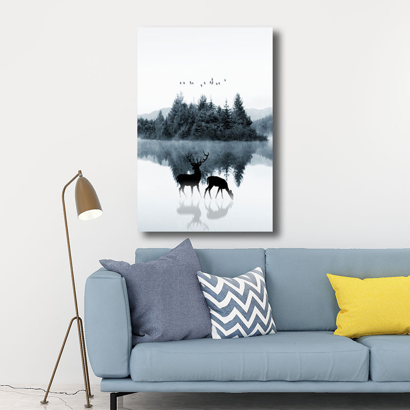 Vivolux | Reflexion Wanddekoration Zeitgenössische Beruhigende Rehe und Wald Leinwanddrucke in Blau für das Gästezimmer