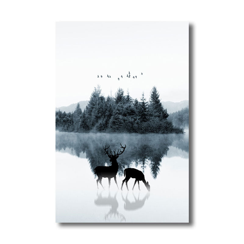 Vivolux | Reflexion Wanddekoration Zeitgenössische Beruhigende Rehe und Wald Leinwanddrucke in Blau für das Gästezimmer