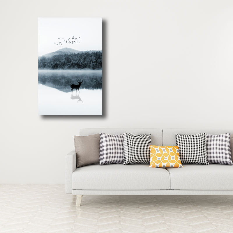 Vivolux | Reflexion Wanddekoration Zeitgenössische Beruhigende Rehe und Wald Leinwanddrucke in Blau für das Gästezimmer