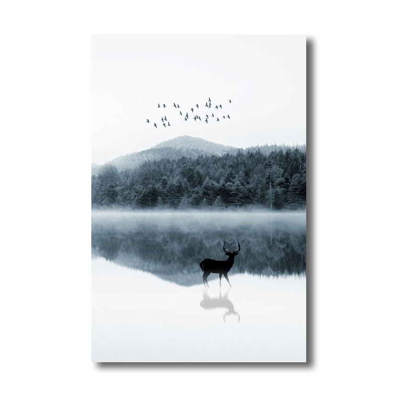 Vivolux | Reflexion Wanddekoration Zeitgenössische Beruhigende Rehe und Wald Leinwanddrucke in Blau für das Gästezimmer