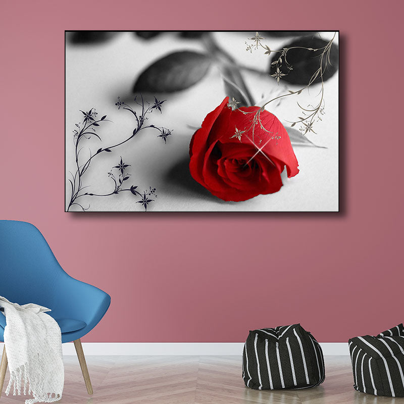 Vivolux | Rote Rose Wandkunstdruck Blumen Zeitgenössische dekorative aufgespannte Leinwand für das Wohnzimmer