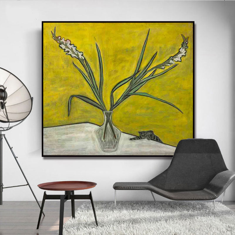Vivolux | Scandinavisch Bloem en Vaasje Schilderij Gele Textuur Muurdecoratie voor Eetkamer