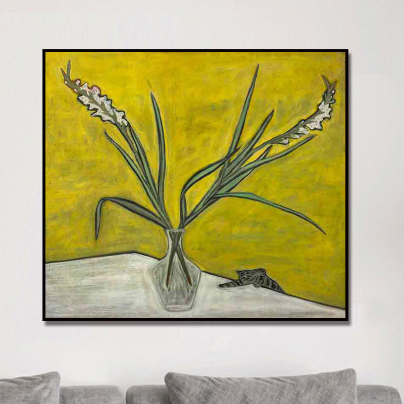 Vivolux | Scandinavisch Bloem en Vaasje Schilderij Gele Textuur Muurdecoratie voor Eetkamer
