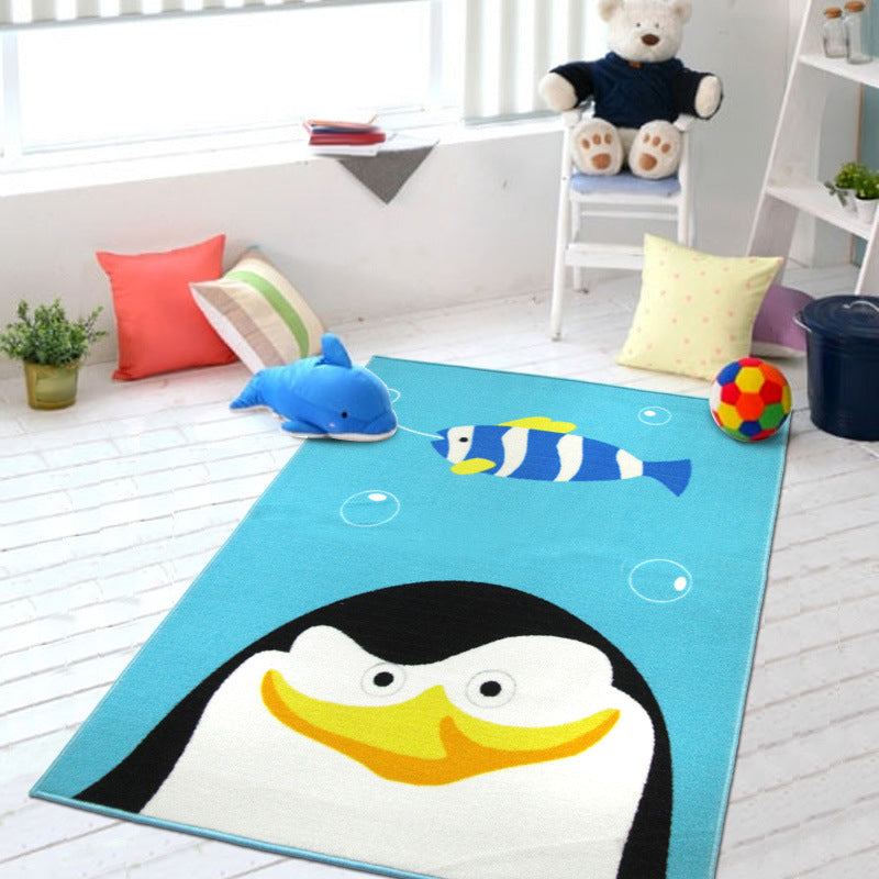 Vivolux | Süßer Kinderteppich in grün und blau mit Tiermuster Löwe Panda Pinguin Teppich Polyester rutschfester Teppich für das Kinderzimmer