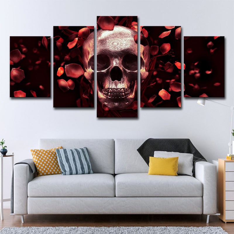 Vivolux | Schädel und Rosenblätter Leinwand Kunst zeitgenössische Mehrteilige Wanddekoration in Rot für Zuhause