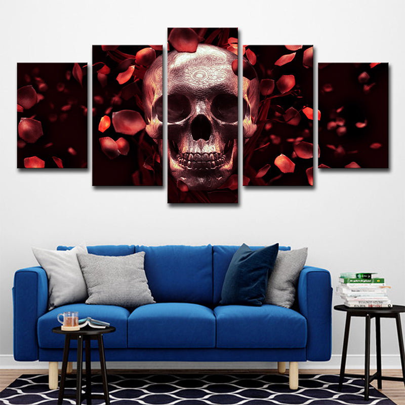 Vivolux | Schädel und Rosenblätter Leinwand Kunst zeitgenössische Mehrteilige Wanddekoration in Rot für Zuhause