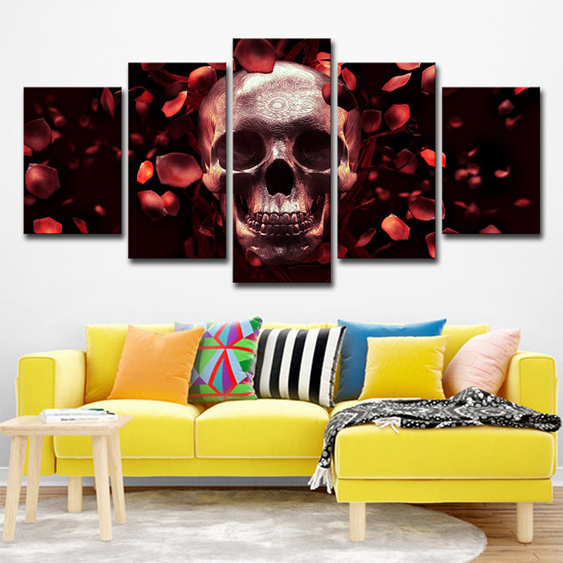 Vivolux | Schädel und Rosenblätter Leinwand Kunst zeitgenössische Mehrteilige Wanddekoration in Rot für Zuhause