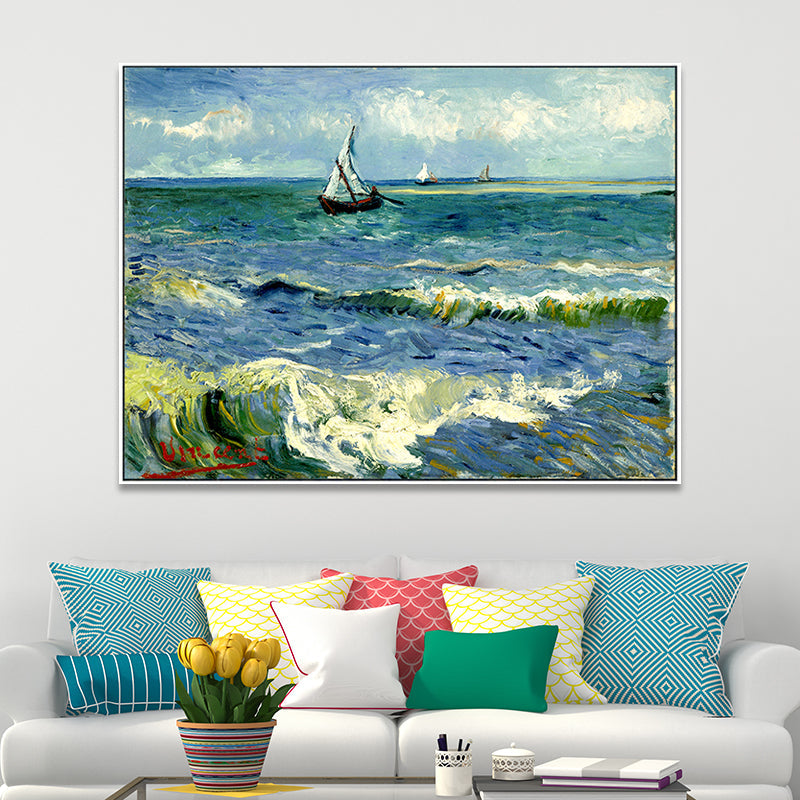 Vivolux | Schiffe, die auf Wellen segeln, Gemälde Blau Leinwand Wandkunst Druck für Wohnzimmer, Textur