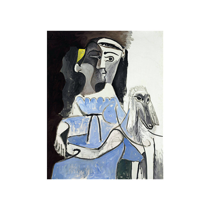 Vivolux | Picasso Frau und Hund Leinwand Kunst Vintage Texturierte Oberfläche Malerei in Blau und Grau