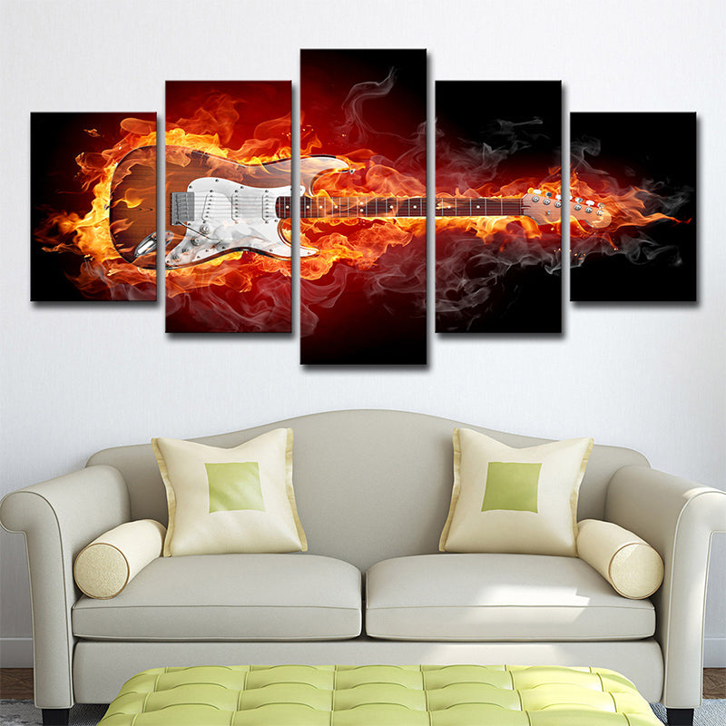 Vivolux | Orangen Gitarre in Flammen Kunstdruck Rockmusik Modern Mehrteiliges Canvas für Jungenzimmer