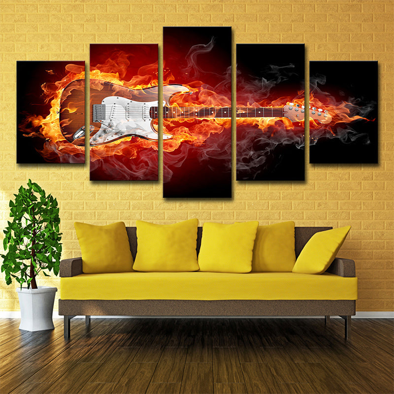 Vivolux | Orangen Gitarre in Flammen Kunstdruck Rockmusik Modern Mehrteiliges Canvas für Jungenzimmer
