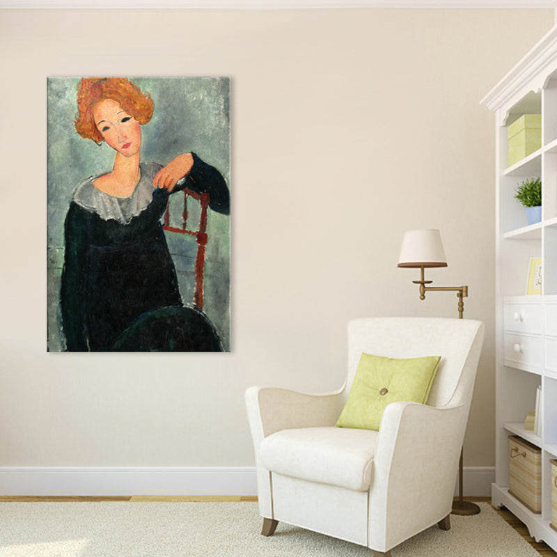 Vivolux | Portrait Wandkunst Druck Studienzimmer Frau mit roten Haaren Leinwand Blau strukturiert (Mehrere Größen)