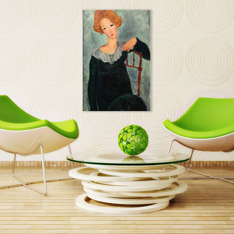 Vivolux | Portrait Wandkunst Druck Studienzimmer Frau mit roten Haaren Leinwand Blau strukturiert (Mehrere Größen)