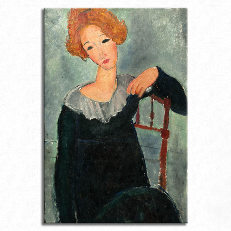 Vivolux | Portrait Wandkunst Druck Studienzimmer Frau mit roten Haaren Leinwand Blau strukturiert (Mehrere Größen)