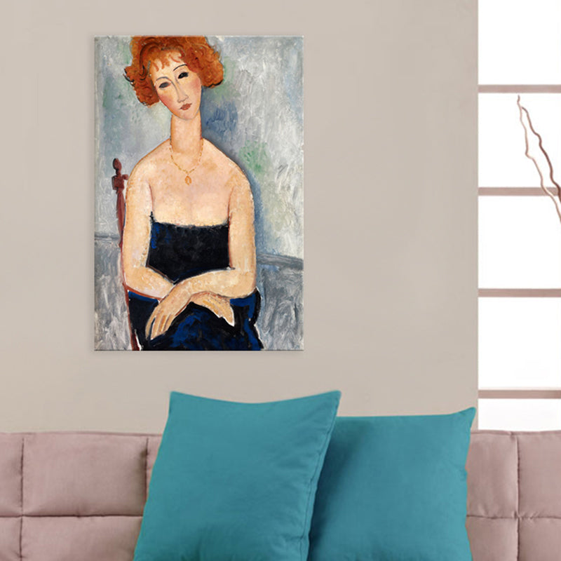 Vivolux | Portrait Wandkunst Druck Studienzimmer Frau mit roten Haaren Leinwand Blau strukturiert (Mehrere Größen)