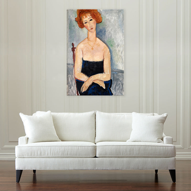 Vivolux | Portrait Wandkunst Druck Studienzimmer Frau mit roten Haaren Leinwand Blau strukturiert (Mehrere Größen)