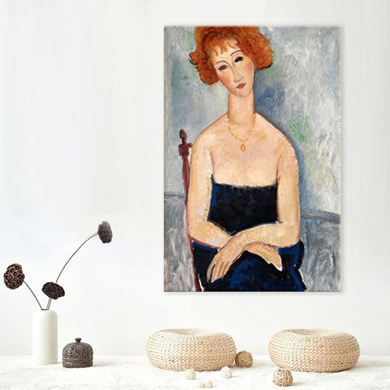 Vivolux | Portrait Wandkunst Druck Studienzimmer Frau mit roten Haaren Leinwand Blau strukturiert (Mehrere Größen)