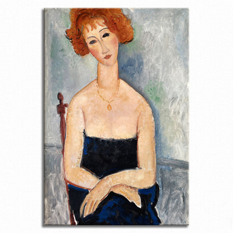 Vivolux | Portrait Wandkunst Druck Studienzimmer Frau mit roten Haaren Leinwand Blau strukturiert (Mehrere Größen)