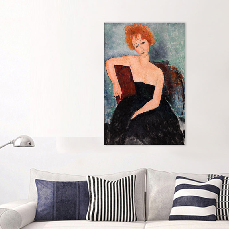 Vivolux | Portrait Wandkunst Druck Studienzimmer Frau mit roten Haaren Leinwand Blau strukturiert (Mehrere Größen)