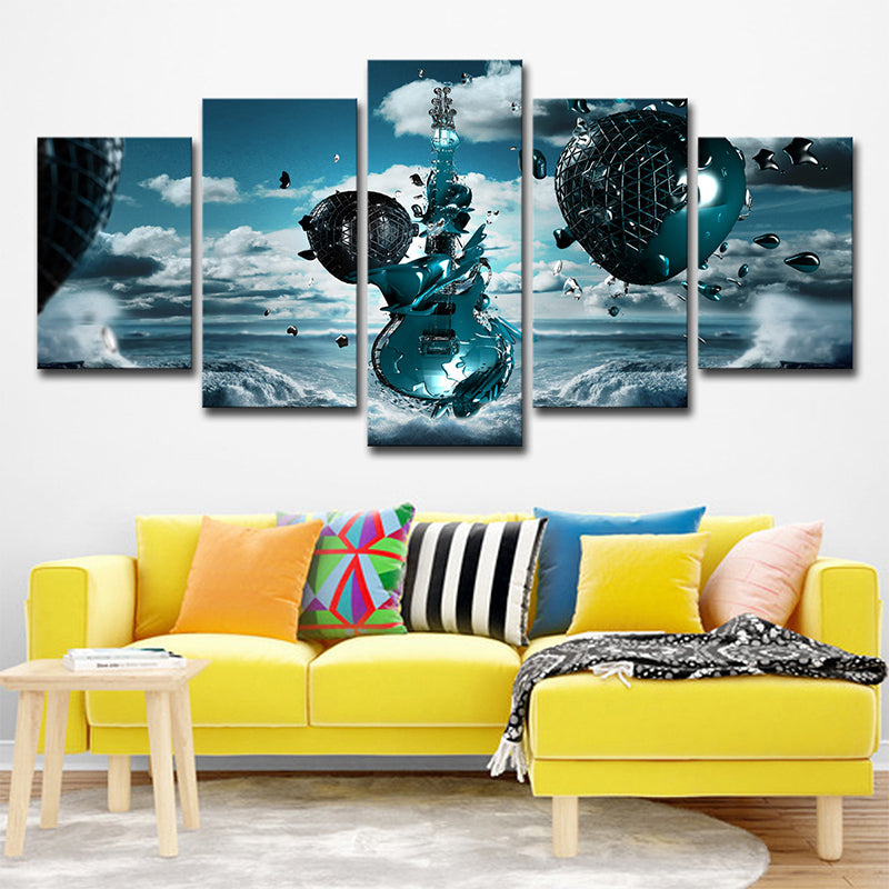 Vivolux | Sky Frozen Guitar Leinwanddruck Blau Moderner Stil Wandkunst Dekor für Jungen Schlafzimmer
