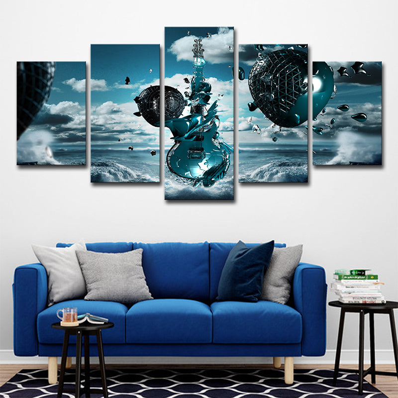 Vivolux | Sky Frozen Guitar Leinwanddruck Blau Moderner Stil Wandkunst Dekor für Jungen Schlafzimmer