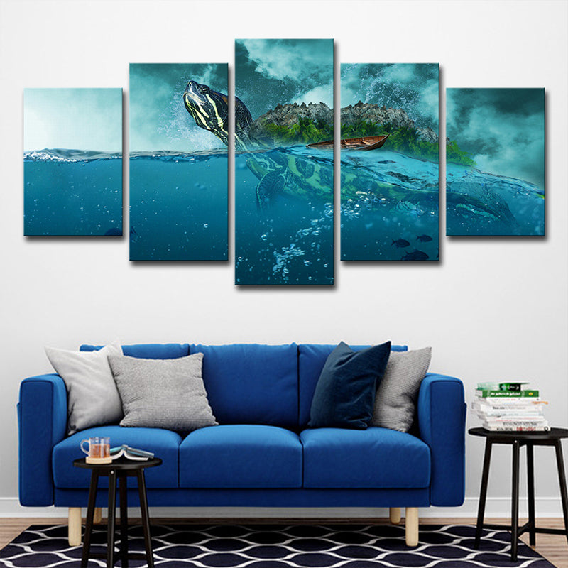 Vivolux | Oceaanoppervlak Schildpad Canvas Print Multi-Stuk Modernisme Woonkamer Wandkunst in Blauw