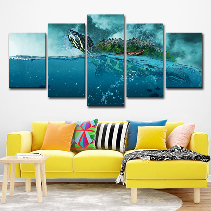 Vivolux | Oceaanoppervlak Schildpad Canvas Print Multi-Stuk Modernisme Woonkamer Wandkunst in Blauw