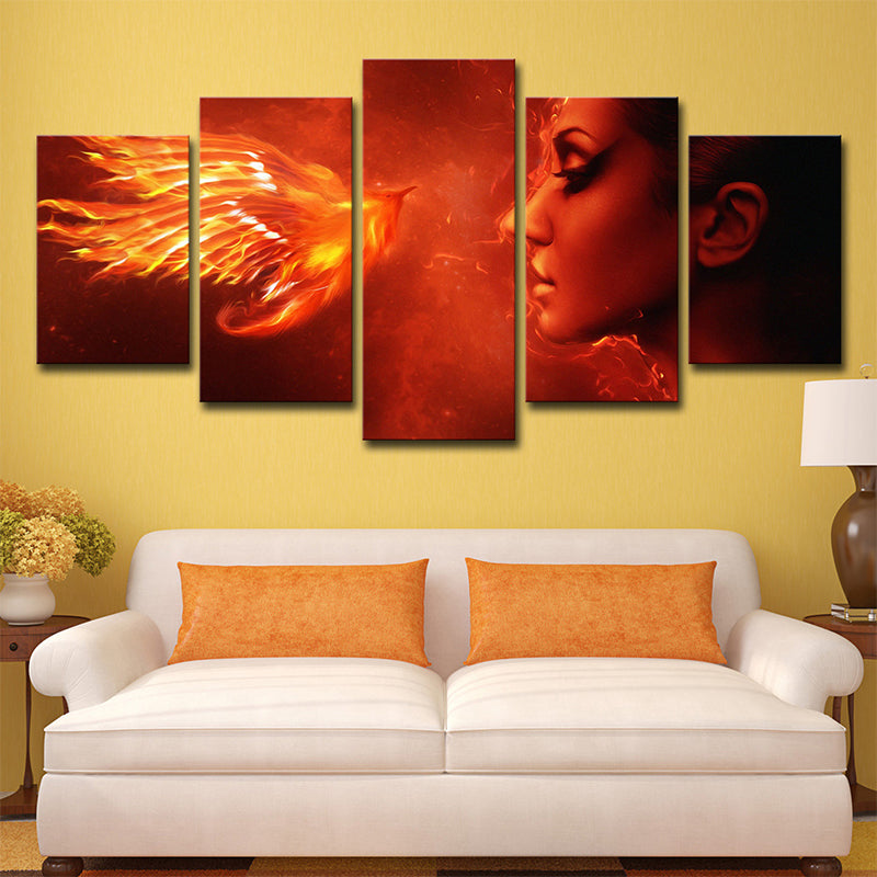 Vivolux | Orange Rote Moderne Leinwand Kunst Digitale Druck Frau und Phönix Wanddekoration für Raum