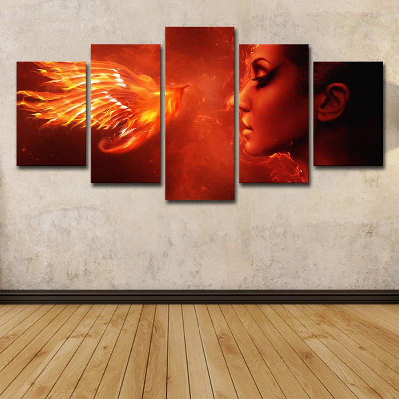 Vivolux | Orange Rote Moderne Leinwand Kunst Digitale Druck Frau und Phönix Wanddekoration für Raum