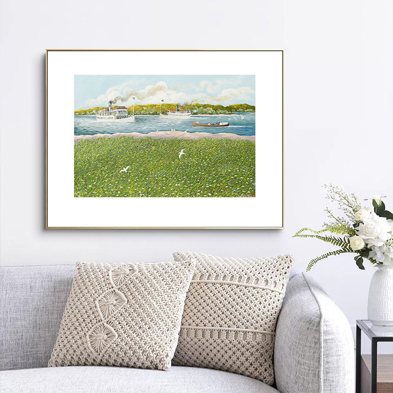 Vivolux | Park Landschaft Kunstdruck Tropix nostalgische Wiese und Dampfschiff Zeichnung Leinwand in Grün