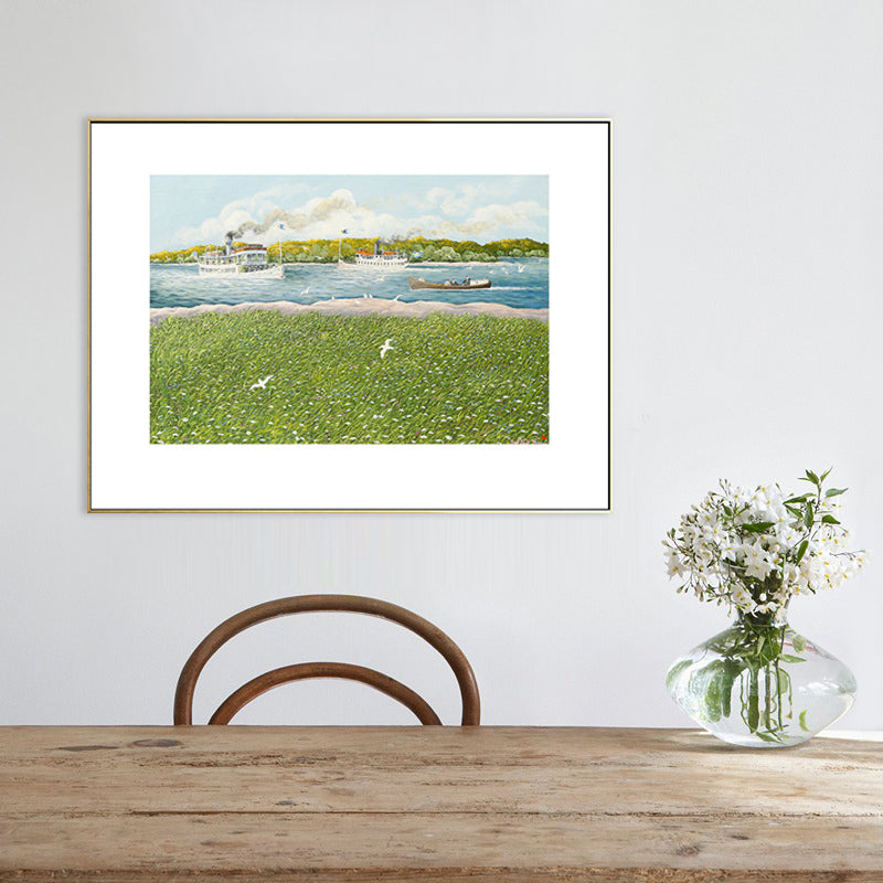 Vivolux | Park Landschaft Kunstdruck Tropix nostalgische Wiese und Dampfschiff Zeichnung Leinwand in Grün
