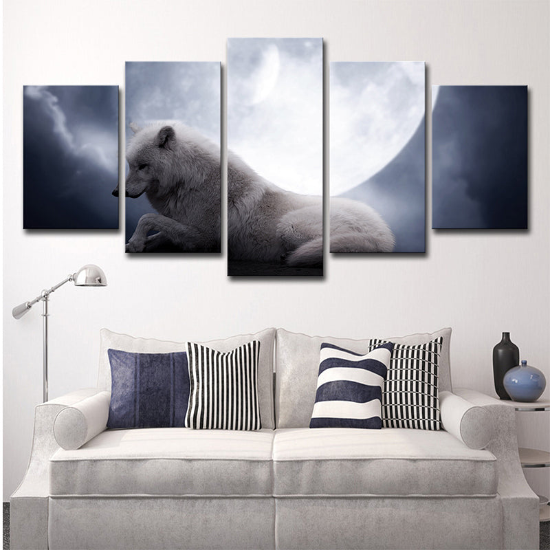 Vivolux | Witte Wolf en Maan Kunstafdruk Multi-Stuk Modernisme Zitkamer Wanddecoratie