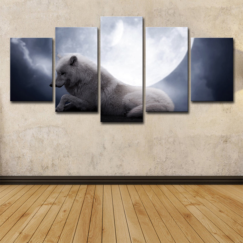 Vivolux | Witte Wolf en Maan Kunstafdruk Multi-Stuk Modernisme Zitkamer Wanddecoratie